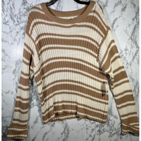 St. Johns Bay Womens XL Striped Knit Sweater Brown & Cream Ribbed Pullover - Picture 1 of 5
